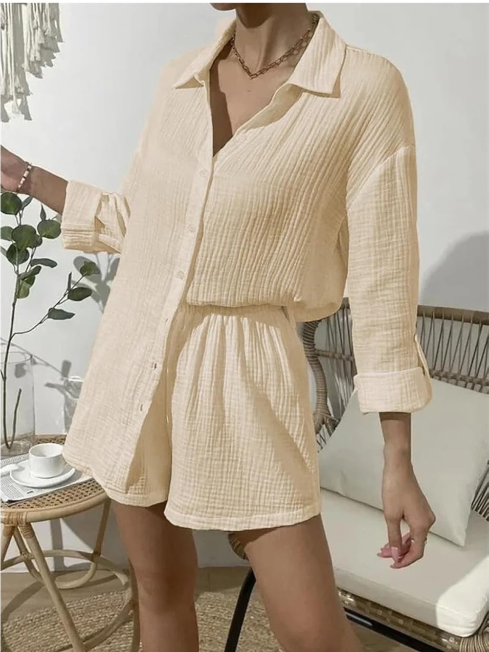 Amazon Women's Lightweight Cream Button-Down Set %100 cotton